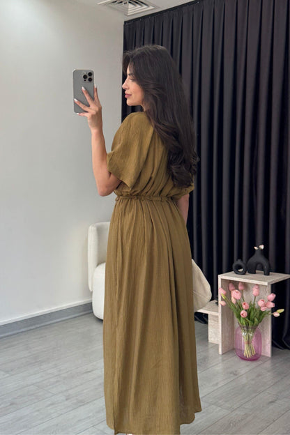 فستان زيتي بحزام - KP2172