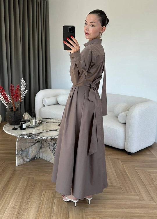 فستان بحزام وشال بني فاتح - KP2347