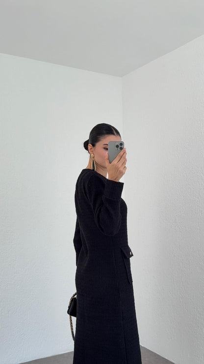 فستان ميدي اسود بأزرار - KP2230