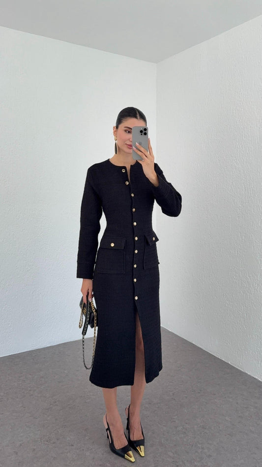 فستان ميدي اسود بأزرار - KP2230