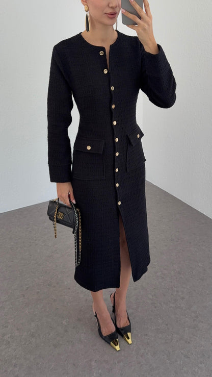 فستان ميدي اسود بأزرار - KP2230