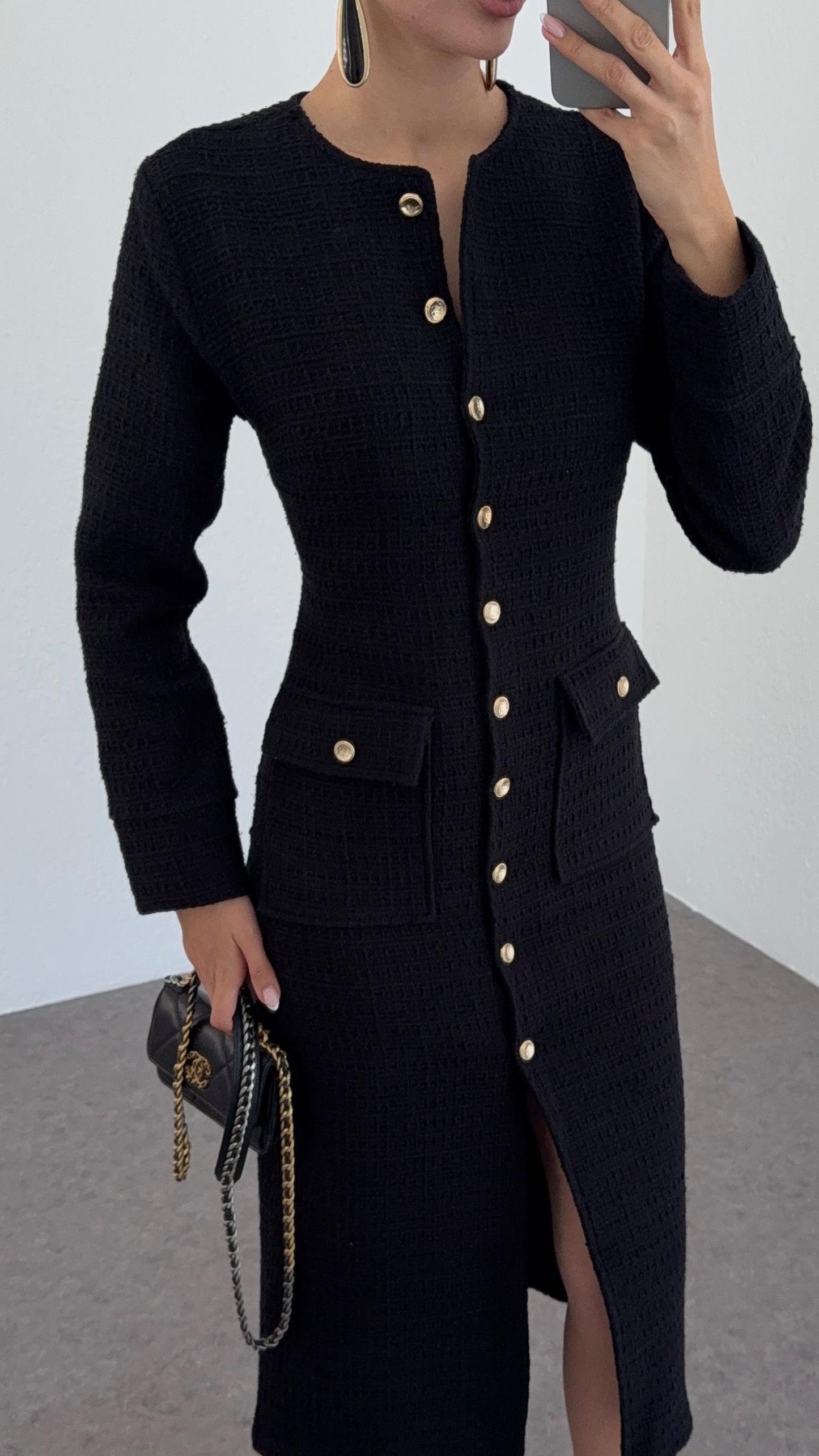 فستان ميدي اسود بأزرار - KP2230