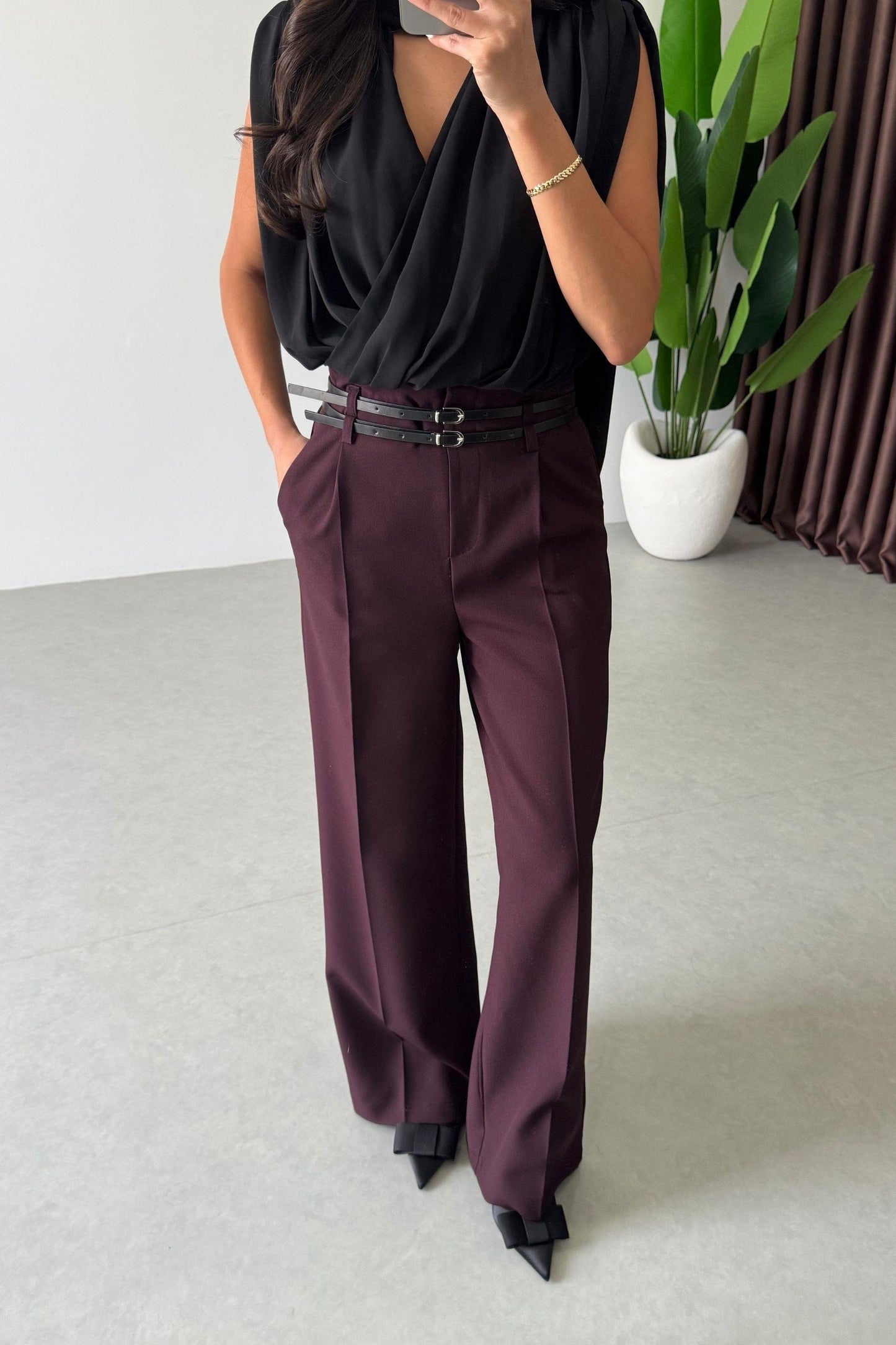 بنطلون عنابي بحزام - KP5054