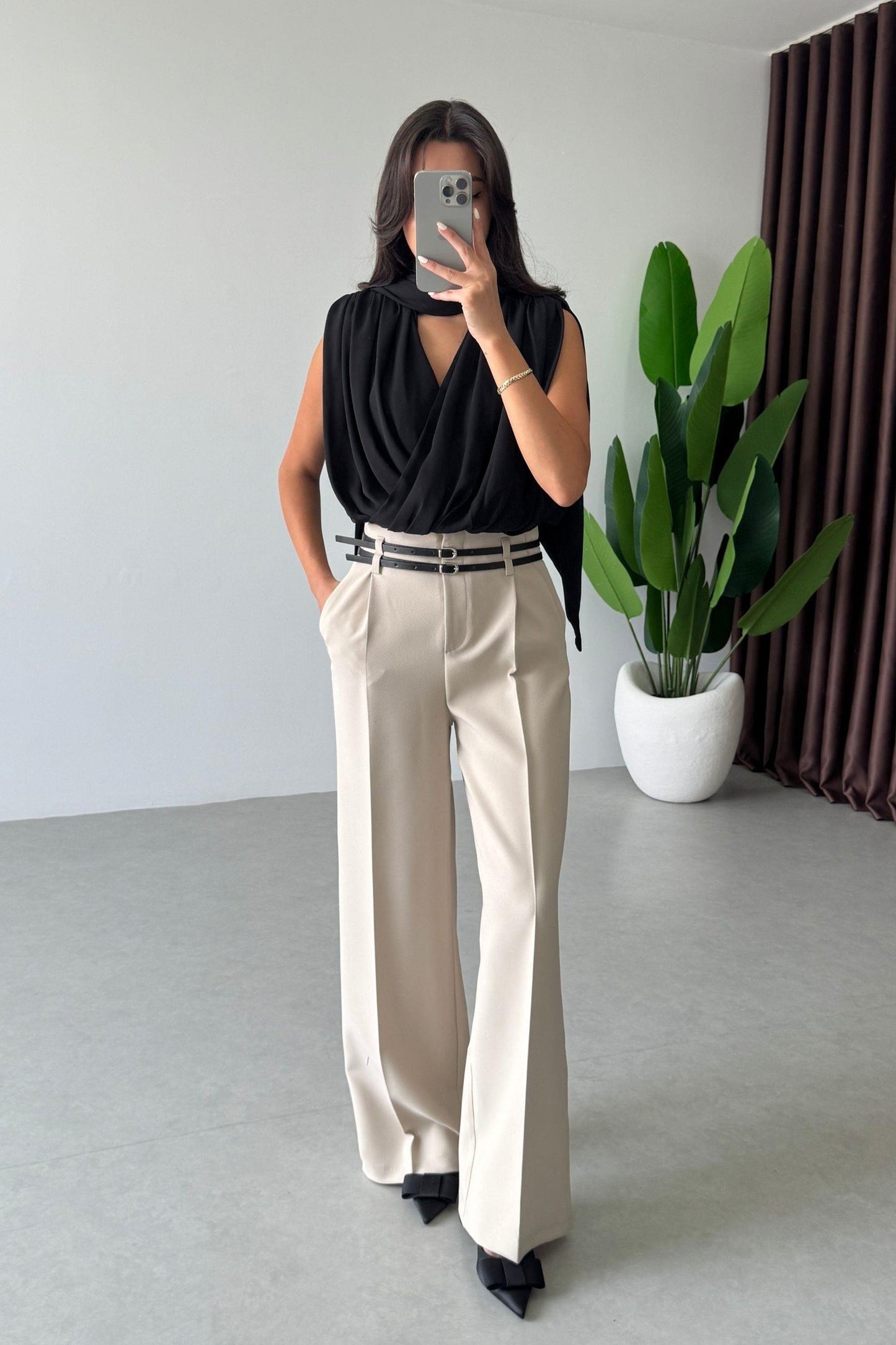 بنطلون بيج بحزام - KP5054