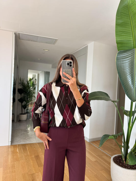 بلوزة ملونة خمري وبني وبيج - KP4287