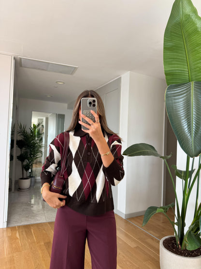 بلوزة ملونة خمري وبني وبيج - KP4287