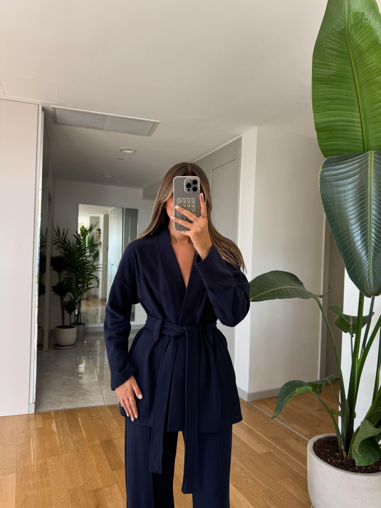 طقم كحلي كيمونو بحزام مع بنطلون - KP1440