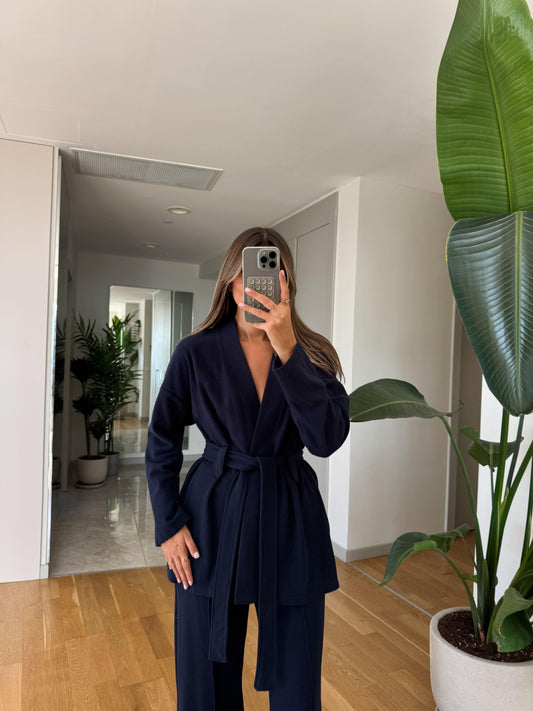 طقم كحلي كيمونو بحزام مع بنطلون - KP1440