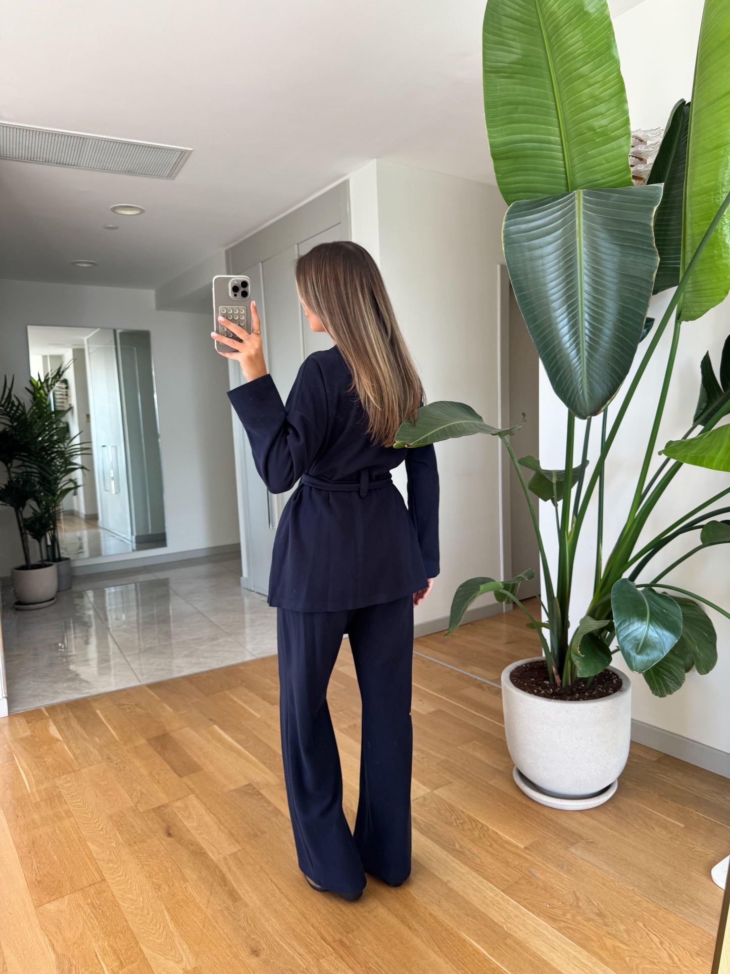 طقم كحلي كيمونو بحزام مع بنطلون - KP1440