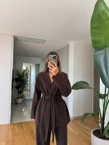 طقم بني كيمونو بحزام مع بنطلون - KP1440