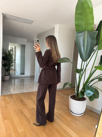 طقم بني كيمونو بحزام مع بنطلون - KP1440