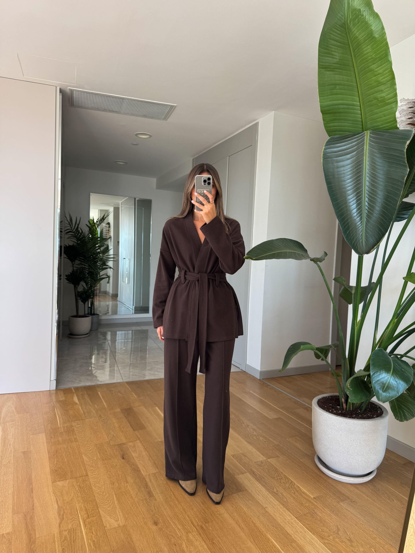 طقم بني كيمونو بحزام مع بنطلون - KP1440