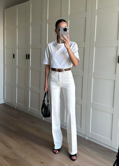 بنطلون جينز ابيض مع قشاط - KP5047