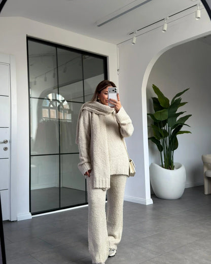 طقم صوف مع لفحة بيج - KP1446