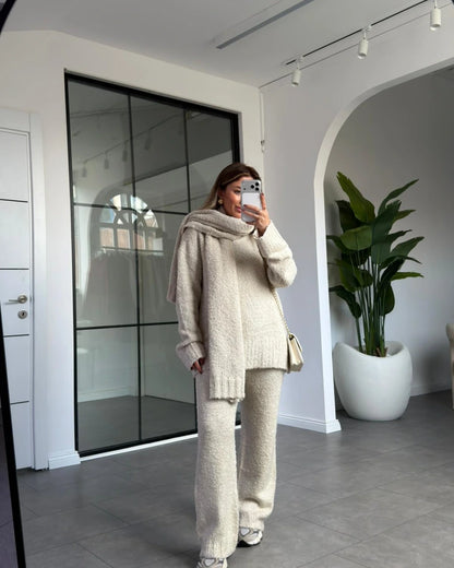 طقم صوف مع لفحة بيج - KP1446