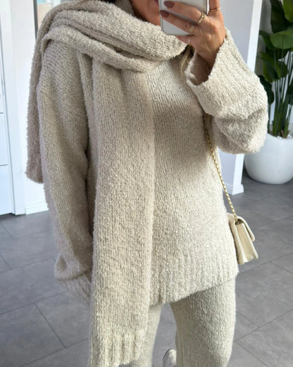 طقم صوف مع لفحة بيج - KP1446