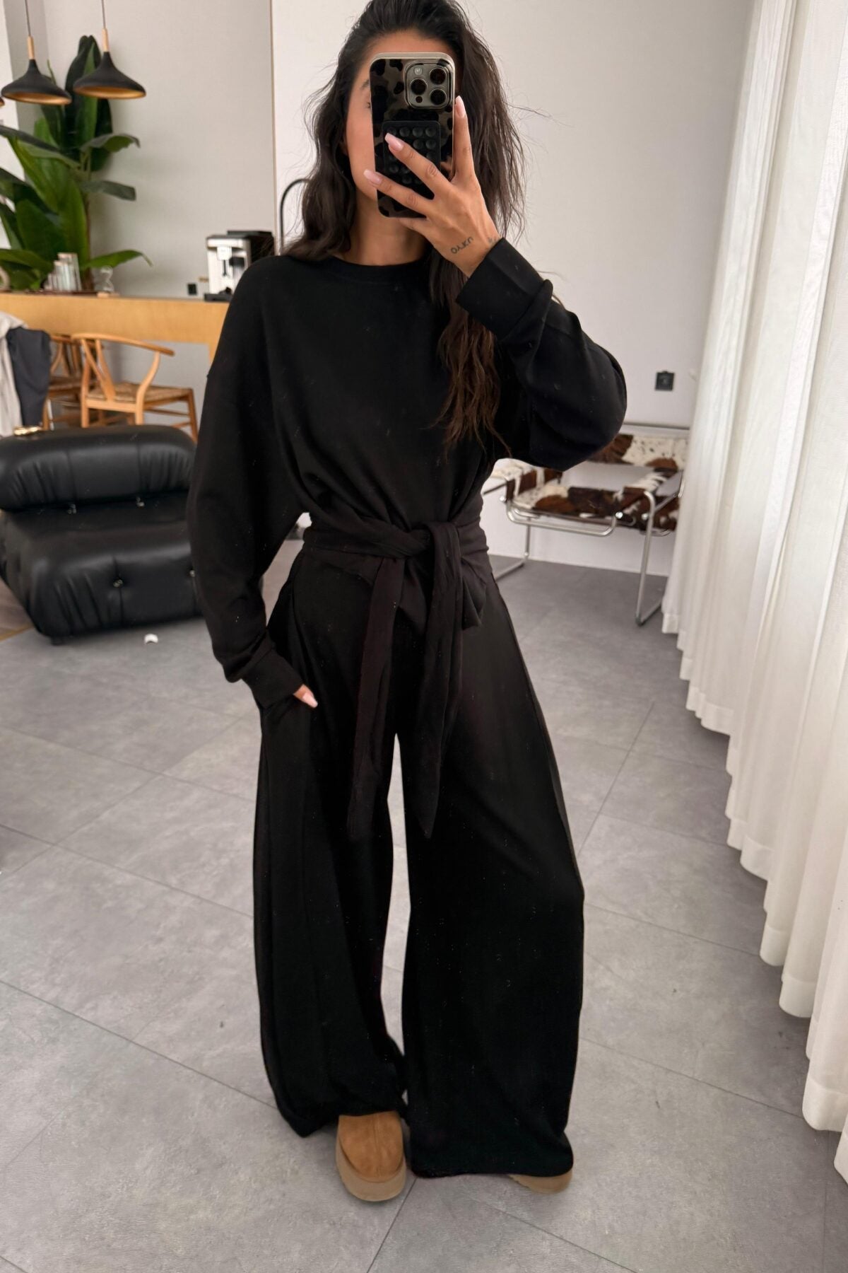 طقم بلوزة ربط مع بنطلون اسود - KP1396