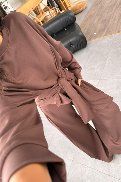 طقم بلوزة ربط مع بنطلون بني - KP1396