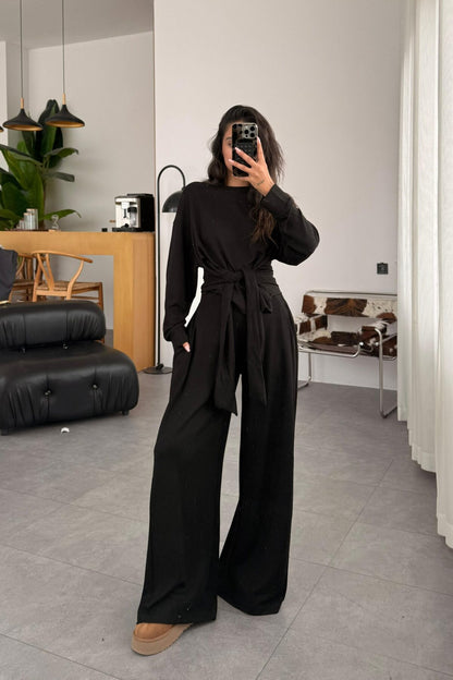 طقم بلوزة ربط مع بنطلون اسود - KP1396