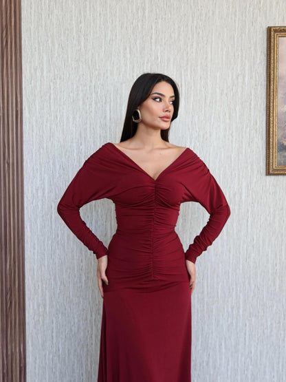 فستان لايكرا خمري - KP2233