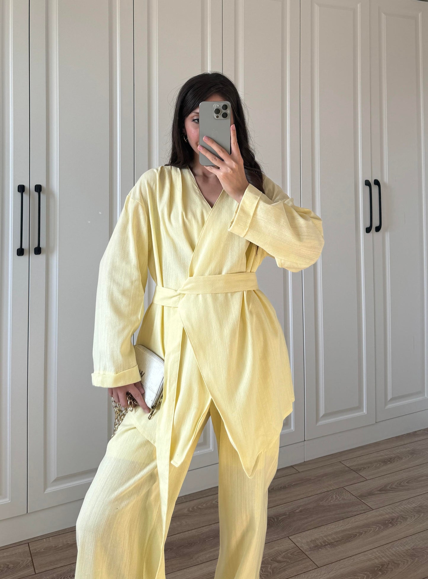 طقم كيمونو مع بنطلون اصفر - KP1285