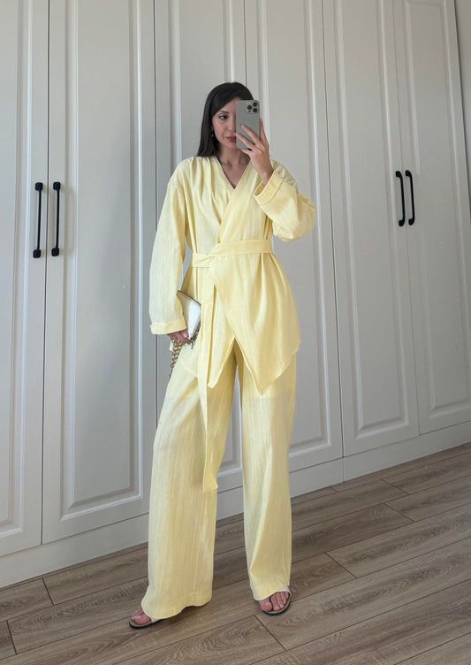 طقم كيمونو مع بنطلون اصفر - KP1285