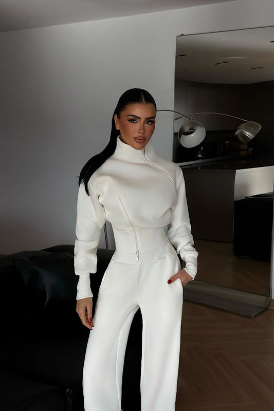 طقم بلوزة بسحاب مع بنطلون ابيض - KP1497